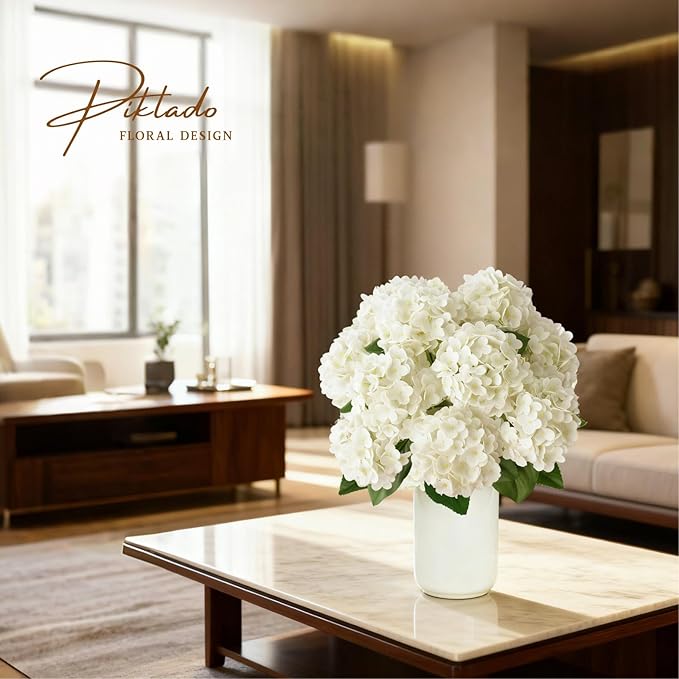 A Bunch 21in， White Real Touch Hydrangea Artificial Flowers， with 5pcs Flower Head 10pcs Leaves， Faux Hydrangea Flowers for Home Office Decor Wedding Party Arrangements (1, White)