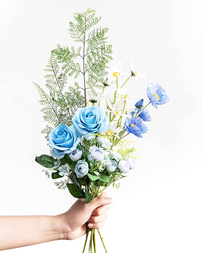 DuHouse 10pcs Fake Roses Artificial Silk Flowers Faux Rose Flower Long Stems Bouquet for Arrangement Wedding Centerpiece Party Home Kitchen Decor (Sky Blue)