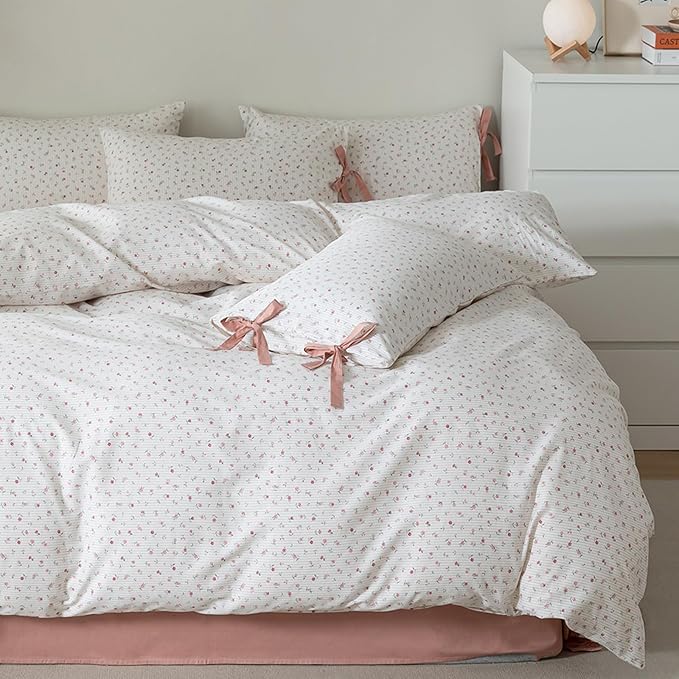 HighBuy Farmhouse Comforter Set King Botanical Floral Bedding Comforters King for Teen Girls with 2 Bowknot Bow Tie Pillowcases Fluffy Soft Comforter Cozy,All Season Comfy Striped Comforter