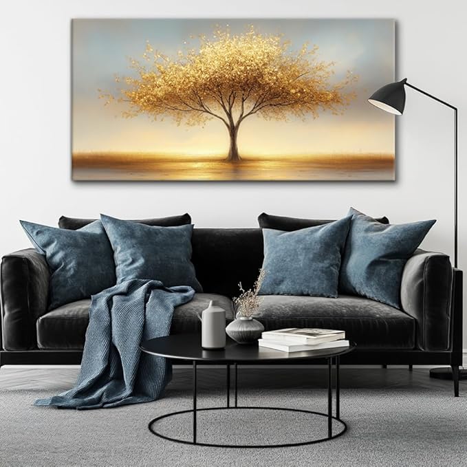 LAVIKARS Modern Tree of Life Wall Art for Living Room Office Golden Sunset Abstract Landscape Canvas Painting Prints Large Nature Artwork Home Kitchen Bedroom Decor (23x46 Inches)