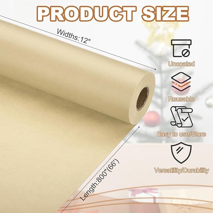 PATIKIL Wrapping Paper, 12" x 800"(66') 70 GSM Craft Paper Roll Kraft Packing Paper for Poster Bulletin Board, Gift Wrapping, Brown