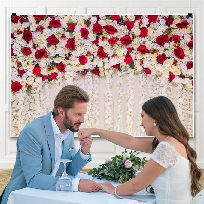 12x6ft Flower Wall Wedding Backdrop White Red Roses Romantic Spring Blooming Floral Photo Background for Valentine's Day Bridal Shower Mothers Day Birthday Newborn Decorations Photo Props