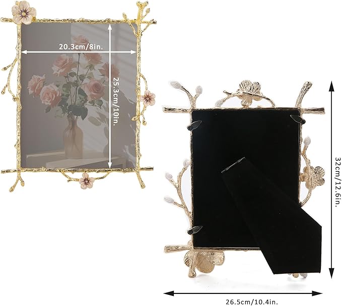 8x10 Gold Pink Flowers Picture Frame Art Decor Ornate Floral Metal Photo Frames High Definition Glass Front Tabletop Display, Gifts Ideas for Women on Weeding