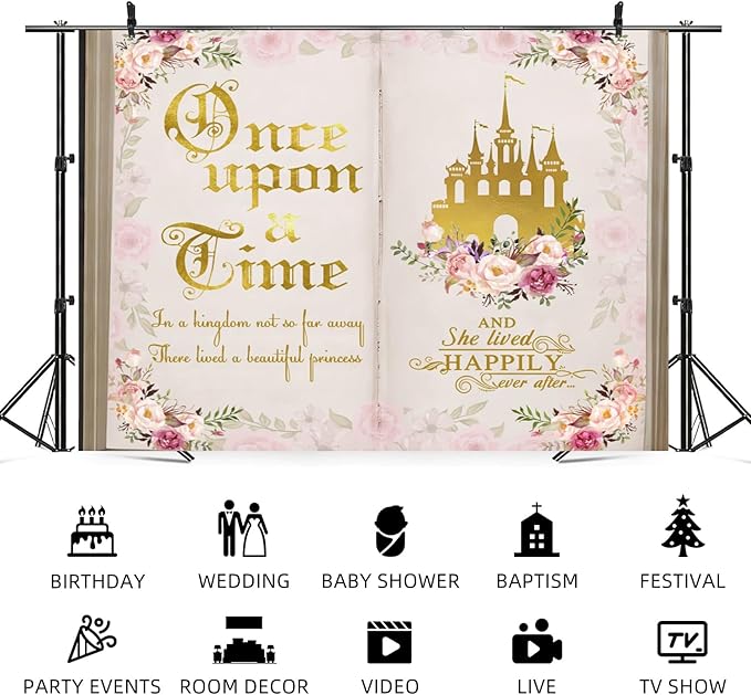 10x6.5ft Once Upon a Time Backdrop Pink Flower Gold Castle Photography Background Fairy Tale Books Floral Princess Girls Birthday Banner Decorations Fairytale Wedding Portrait Photo Booth Prop