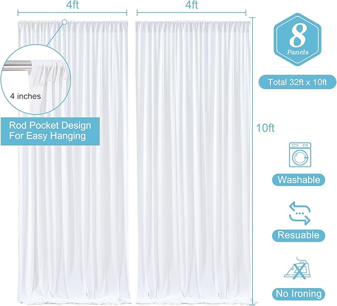 White Backdrop Curtains 8 Panels, 10 Feet Wrinkle-Free Polyester Photography Backdrop Drapes for Wedding Baby Shower Party Background Backdrop Stand- 32 X10FT (White)