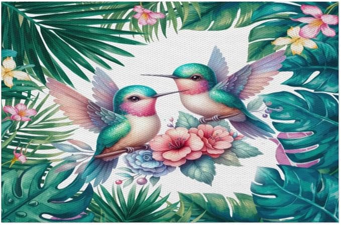 PVC Placemats Set of 4 Summer Palm Leaf Bird Wipeable Table Mats Washable Heat Resistant Non Slip Vinyl Dining Table Mat for Kithen Indoor Outdoor Patio Farmhouse Place Mats Decorative