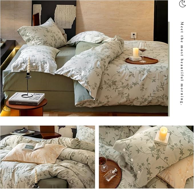 VM VOUGEMARKET Linen Cotton Duvet Cover Queen,3 Pcs Yarn-Dyed Jacquard Textured Duvet Cover with Button Closure Botanical Leaves Bedding Set-90"x90",Sage Green