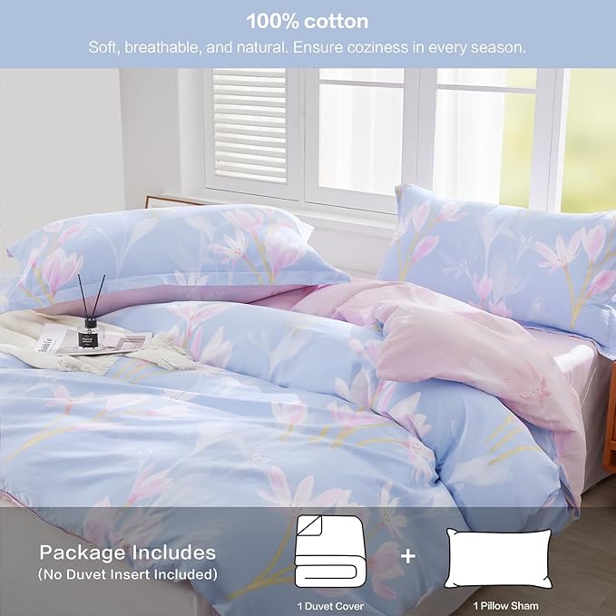 SAPHREAS Pink Floral Duvet Cover Set Twin Size 2pcs Cotton Orchid Flower Blossom Printed Bedding Comforter Cover Set Blue 1 Duvet Cover 68"x90" 1 Pillow Sham, Comforter Not Included
