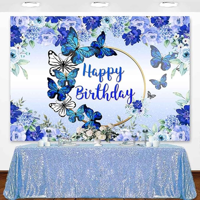 Butterfly Happy Birthday Backdrop Royal Blue Floral Photography Background Women Girls Blue Flowers Birthday Wishes Party Decorations Banner Supplies Photo Booth 8x6ft