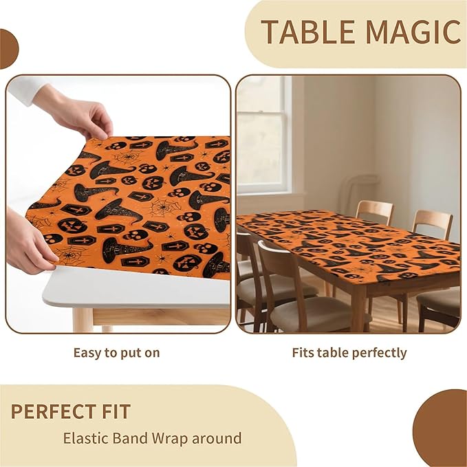 Rectangle Table Cloth Cover Waterproof Elastic Fitted Polyester Fitted Tablecloths for 6 Foot Tables for Indoor,Picnic, Camping, Outdoor （72" x 30"，Halloween Tablecloth）