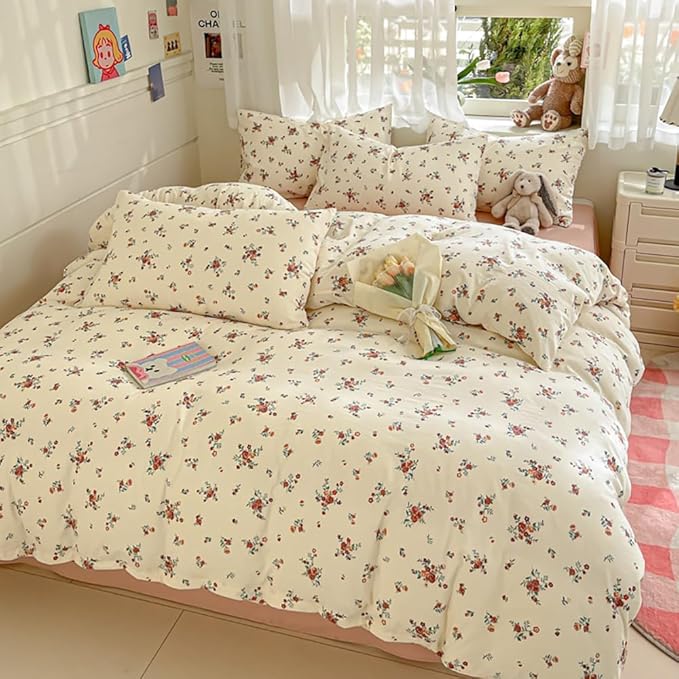 Nayoroom Vintage Floral Duvet Cover Queen Size Red Rose Flower Green Botanical Cottagecore Bedding Set 3 Pieces Soft Lightweight Washed Microfiber Spring Duvet Cover Gifts for Women Girls