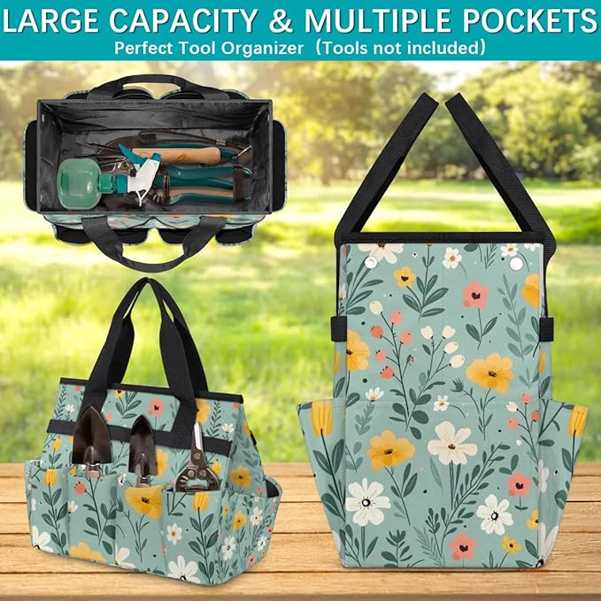Garden Tool Bag Organizer Garden Tote Bag with Pockets Floral Patterned Flower Tool Storage Organizer Gardening Tool Kit Holder 13" x 6.8" x 2.8"