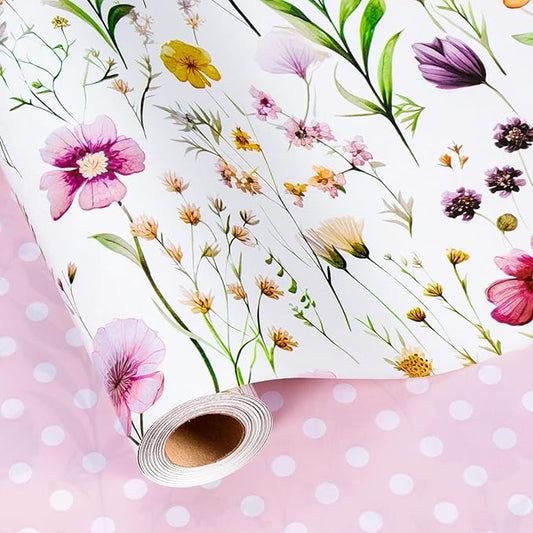 Burymento Flowers Wrapping Paper, Reversible Wave Point Gift Wrap for Birthday, Valentines, Mothers day, Graduation, Wedding, Fathers day, Baby Shower, Christmas (17in x 16.4ft)