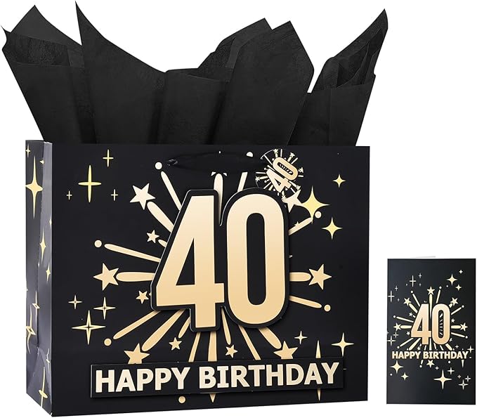 Bloomwords 40th Birthday Gift Bag Set with Card & Tissue – 13" Elegant Keepsake Party Bags for Unisex Anniversaries, Gift Wrapping & Celebrations