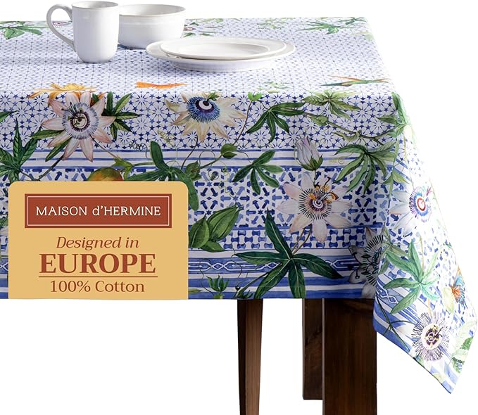 Maison d' Hermine Table Cloth Rectangle Table 100% Cotton 60 x 120 Inches Tablecloth Reusable Decorative for Dining Room, Farmhouse, Home, Party, Festive & Wedding Spring Summer - Passiflora
