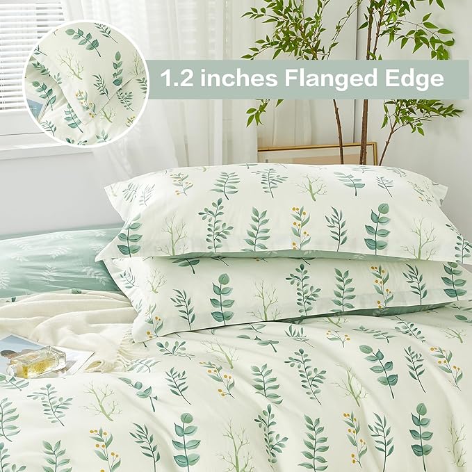 SAPHREAS Botanical Duvet Cover Set Queen Size 3pcs Beige 100% Cotton Bedding Green Leaves Bedding Comforter Cover Set 1 Duvet Cover 2 Pillow Shams, Comforter Not Included