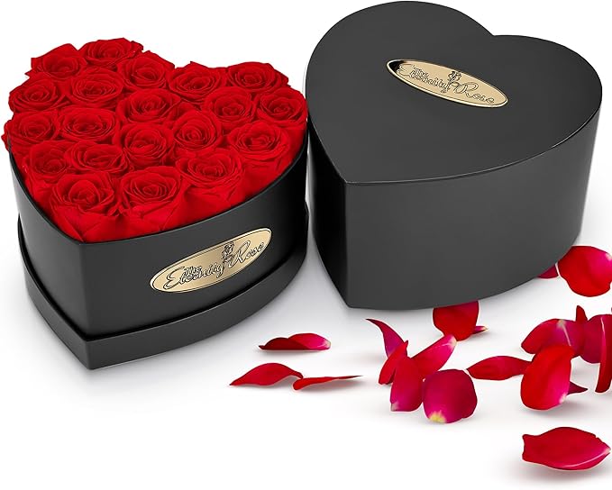 The Eternity Rose 20-Piece Preserved Roses in a Luxury Gift Box – Real Roses in Black Heart Box – A Valentine’s Gift as Everlasting as Your Love
