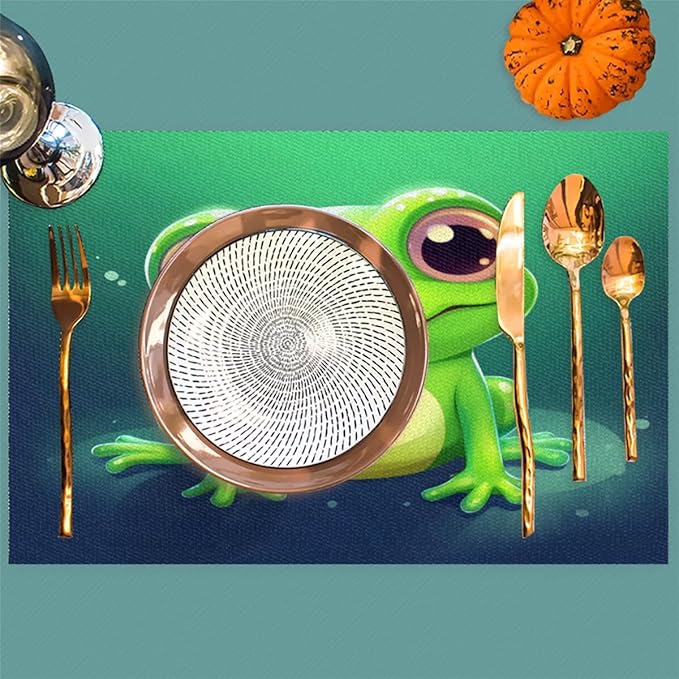 Frog Animal Green Placemats Set of 6 PVC Vinyl Non Slip Table Mats Waterproof Heat Resistant Place Mats Washable Wipeable Dining Table Mat for Kitchen Party Farmhouse Indoor Outdoor Decorative