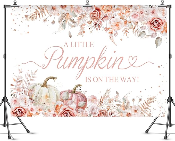 7x5ft Pumpkin Baby Shower Backdrop for Girls Pink Floral Leaves Photography Background Newborn Baby Shower Party Decorations Little Pumpkin Backdrops Banner Supplies Studio Photo Booth Props