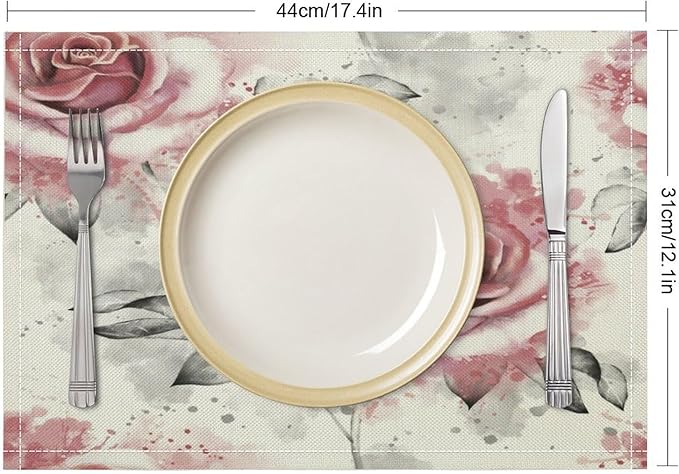 Rose Placemats Set of 6, 17x12 Inch Vintage Romantic Floral Pink Rose Gray Leaf White Table Mats for Home Party Kitchen Dining Decor
