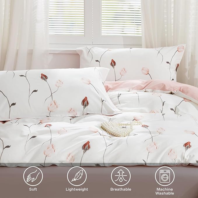 SAPHREAS Floral Duvet Cover Set 3pcs Full Size Pink Red Botanical Rose Bedding Comforter Cover Set 100% Cotton 1 Duvet Cover 90"x80" 2 Pillow Shams, Comforter Not Included