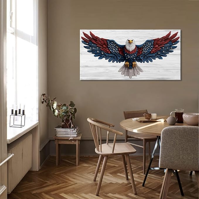 Bald Eagle Canvas Wall Art American Eagle Wall Décor -American Bald Red Blue Flag Canvas Wall Art Usa Independence Day Prints Painting Ready to Hang for Living Room, Bedroom, Office, Dorm '40L" x 20W"