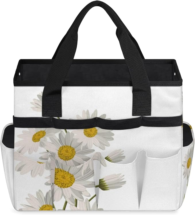 Floral Flower Daisy Garden Tool Tote Bag for Women Men Gardening Tool Storage Bags with 10 Pockets Standable Garden Home Tool Kits Organizer for Indoor Outdoor Gardening Gifts