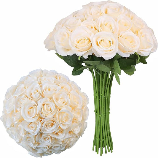 Artificial Rose Flower Artificial Flowers Flower with Long Stem Silk Roses Bouquet for Wedding Bridal Shower Party Home Decoration (Champagne, 50 Pcs)