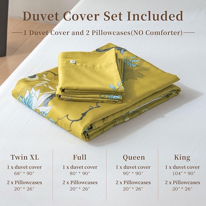 EAVD Vintage Garden Botanical Flower Cute Birds Pattern Duvet Cover King Cotton Yellow Chic Floral Tree Branches Printed Bedding Set with 2 Pillowcases Gorgeous Flower Duvet Cover with Zipper Closure