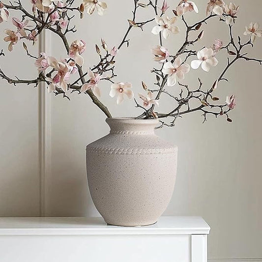 Farmhouse Ceramic Vase for Living Room Bedroom Antique White 7.45'' Flower Bouquet Vase for Fake Plant Home Decor Office Fireplace Centerpieces Rustic Retro Vintage Modern Gift Decoration