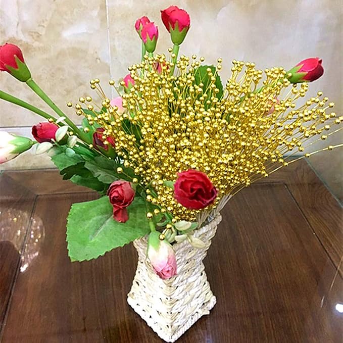 XINHUIDALSQ 100Pcs Pearl Bouquet Party Decoration Pearl String Beaded Garland – 4mm Beads Garlands for Christmas Decoration Wedding Party Decoration, Christmas Floral Picks(Gold)