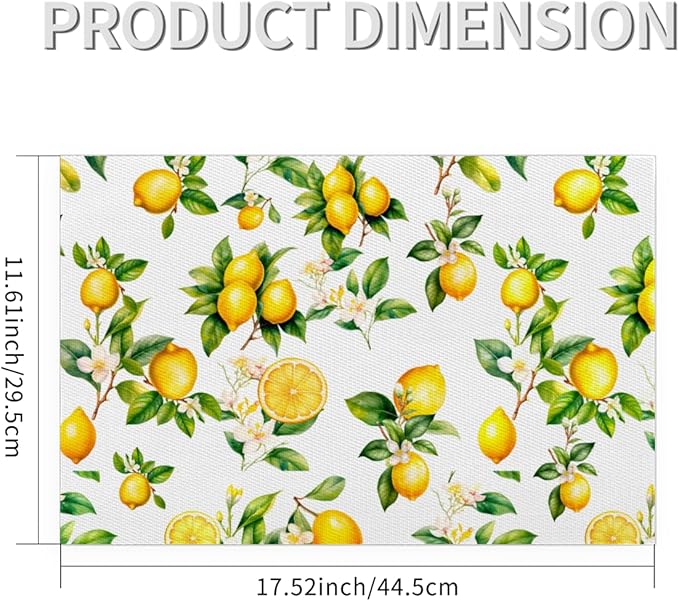 Lemon Tropical Summer Placemats Set of 6 PVC Vinyl Non Slip Table Mats Waterproof Heat Resistant Place Mats Washable Wipeable Dining Table Mat for Kitchen Party Indoor Outdoor Decorative