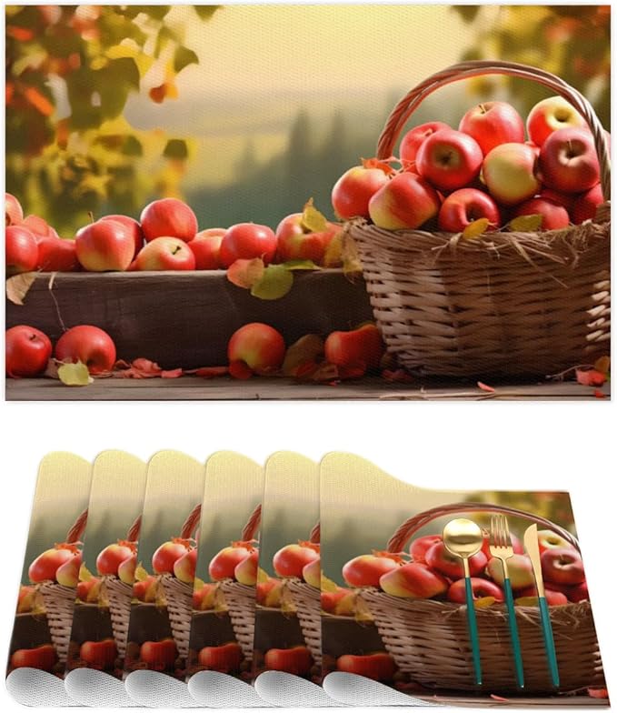 Fall Fruit Apple Placemats Set of 6 PVC Vinyl Non Slip Table Mats Waterproof Heat Resistant Place Mats Washable Wipeable Dining Table Mat for Kitchen Party Farmhouse Indoor Outdoor Decorative