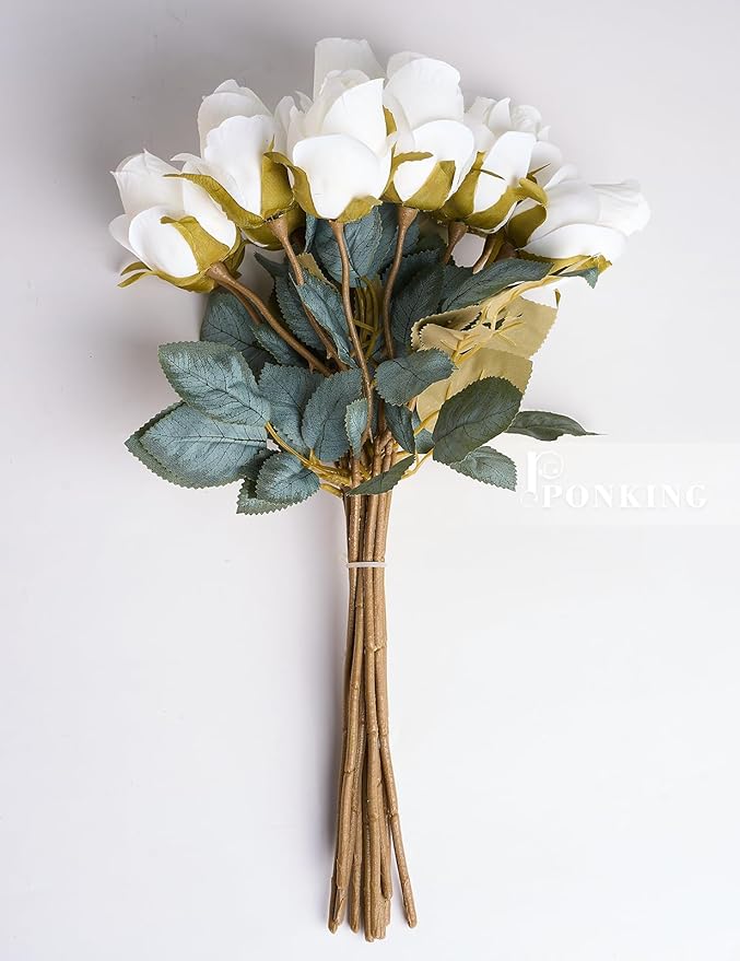 Rose Artificial Flower Buds 12pcs Realistic Faux Silk Roses Fake Flowers Bouquets Arrangements Decor for Wedding Spring Mother's Day, Home Table Decorations, Beige Flower