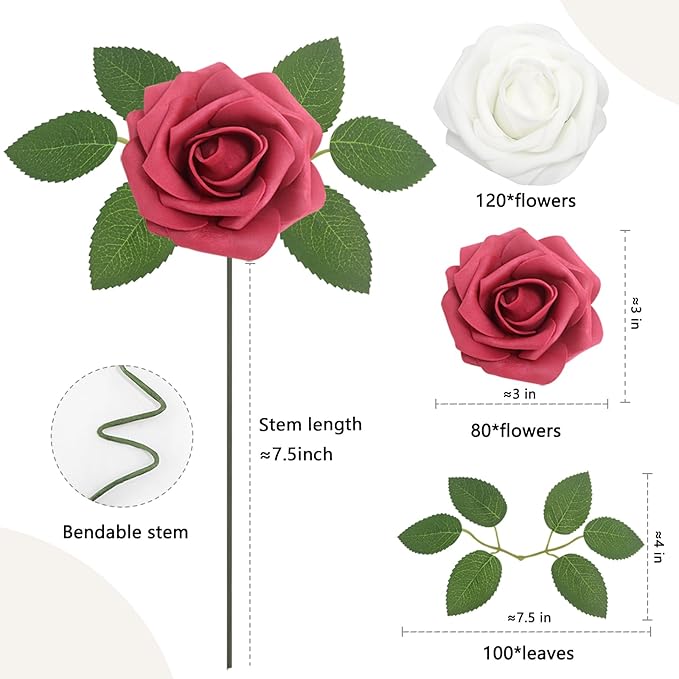 200PCS Burgundy & White Artificial Flowers Roses Real Looking Foam Fake Roses with Leaves for DIY Wedding Bouquets Bridal Shower Party Decorations (Wine red & White, 200)