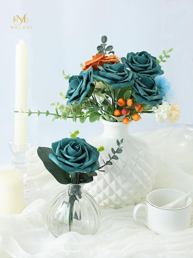 Meldel Artificial Flowers 50pcs Real Looking Peacock Green Foam Fake Roses with Stems for DIY Wedding Bouquets Bridal Shower Centerpieces Floral Arrangements Home Decorations Bulk Crafts Rose