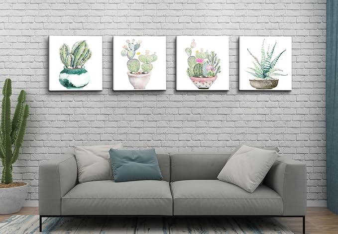 Succulent Plants Bathroom Decor Wall Art, Green Cactus Pictures Canvas Print, Botanical Paintings for Bedroom Living room Office Decoration - 20" X 20"
