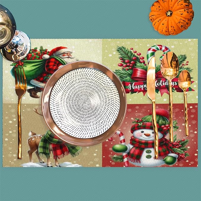 Christmas Waffle Santa Claus Cute Placemats Set of 1 PVC Vinyl Non Slip Table Mats Heat Resistant Place Mats Washable Wipeable Dining Table Mat for Kitchen Decor Party Indoor Outdoor Decorative Gift