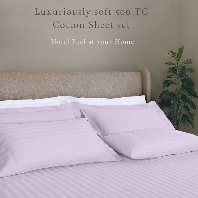 Threadmill 500 Thread Count Full-Size Damask Stripe, 4 Pc Luxury Cotton Bedding Set, Silky Smooth Lilac Sheets with 16" Elasticized Deep Pocket, 2 Pillowcases & Free Tote Bag