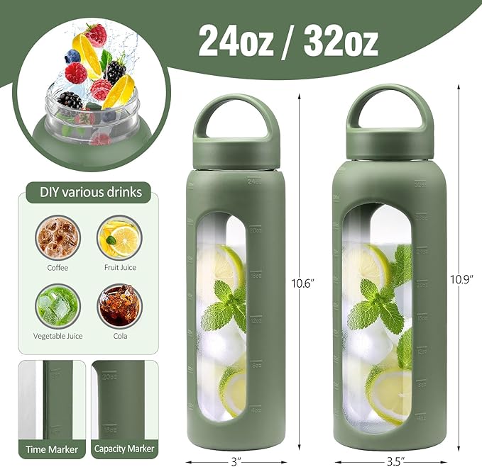 32 oz Glass Water Bottle, 1 Liter Glass Tumbler with Straw, Reusable Drinking Bottles with 2 Lids-Handle Lid&Bamboo Straw Lid, Silicone Sleeve, for Sports, Home,1 Pack-Olive