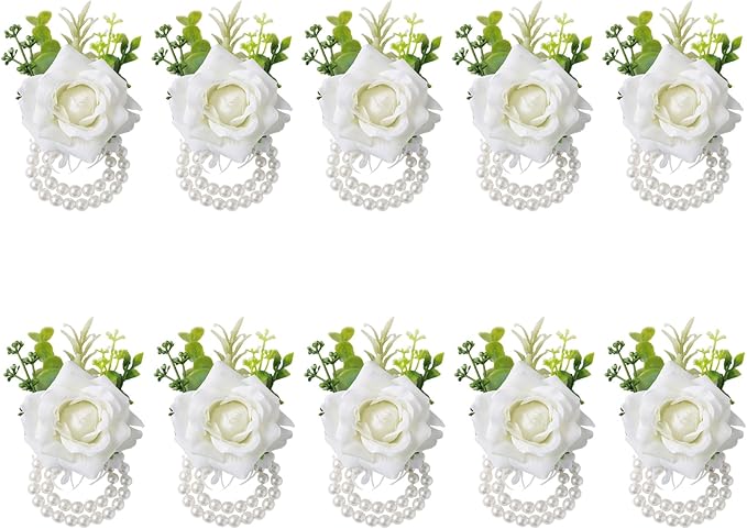 Meldel White Ivory Rose Wrist Corsage, Set of 10, Wedding Bridal Flower Corsage Hand Decor for Prom Party Homecoming, Wristband Flowers Bride, Bridesmaid, Girl