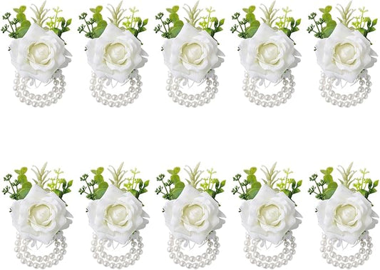 Meldel White Ivory Rose Wrist Corsage, Set of 10, Wedding Bridal Flower Corsage Hand Decor for Prom Party Homecoming, Wristband Flowers Bride, Bridesmaid, Girl
