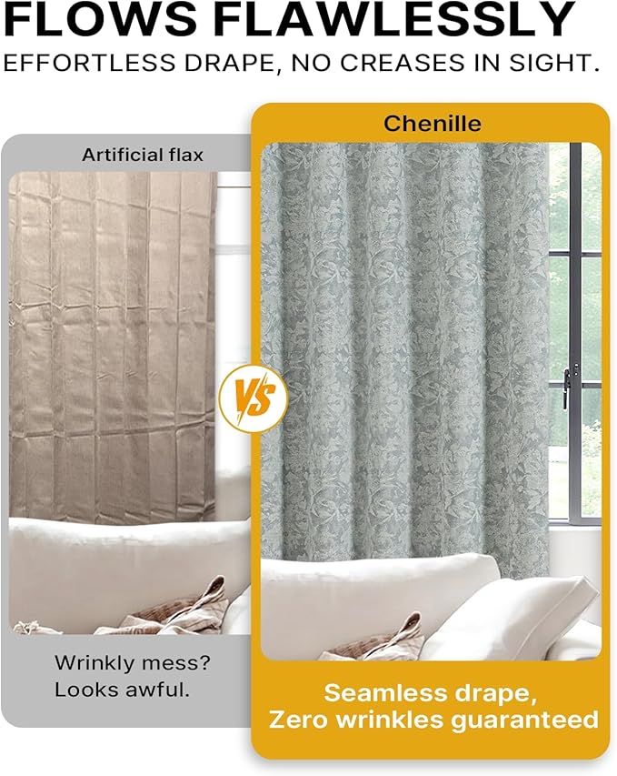 Chenille Floral Blackout Curtains 96 Inch Length 2 Panels Set - Bedroom Living Room Darkening Thermal Insulated Black Out Window Treatments Grommet Jacquard Drapes 52 Inch Wide Blue