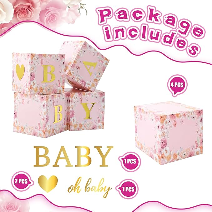 Wildflower Party Boxes, Baby in Bloom Boxes with Letters for Baby Shower Floral Wildflower Birthday Party Decorations Supplies Favors.(4PCS)
