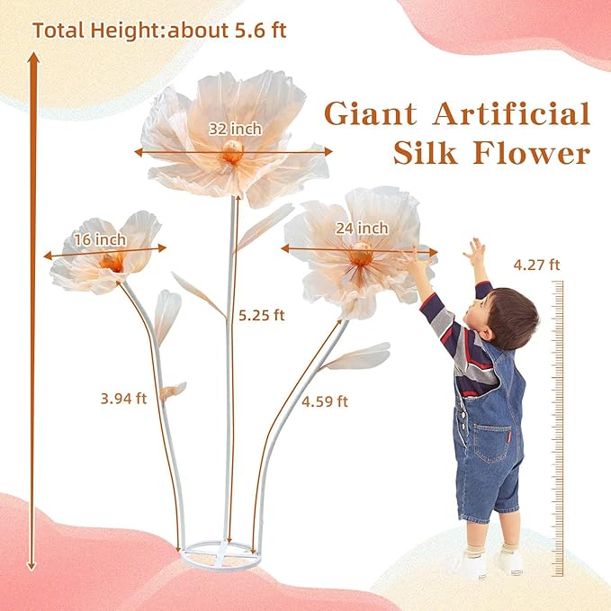 Giant Flowers for Decoration,Wedding Reception Essential Decoration,5.6 Ft Big Artificial Silk Flower with Stems and Stands,Party Banquet Background Decor，Home Decor（Orange Champagne）