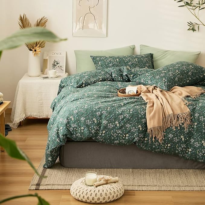 LifeTB Jersey Knit Cotton Duvet Cover Twin Green Floral Bedding Sets 100% T Shirt Cotton Botanical Bedding Garden Chic Knit Cotton Comforter Cover Vintage Floral Duvet Cover