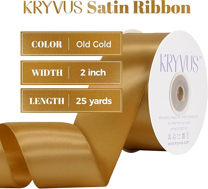 Old Gold Satin Ribbon, Double Faced 2 Inch X 25 Yards Old Gold Ribbon, Premium Satin Ribbon for Gift Wrapping, Crafts, Hair Bow Making, Sewing, Flower Bouquet, Wedding Party Decor