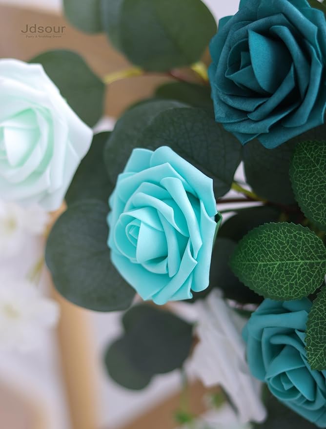 25pcs Artificial Flower，Real Looking Foam Roses w/Stem for DIY Wedding Bouquets Centerpieces Bridal Shower Party Decor-Shades of Teal Green