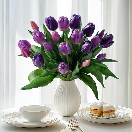 20PCS Fake Tulips Artificial Tulip Silk Flowers Fake PU Bouquet Artificial Flowers Faux Flowers with Gift Box Soft Faux Tulips Bouquets Arrangements for Party Wedding Home