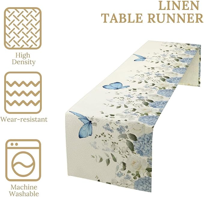 Floral Table Runner, Blue White Flower Butterfly Garden Spring Nature Decoration Table Runner for Kitchen Dining Home Party, 13x120 Inch